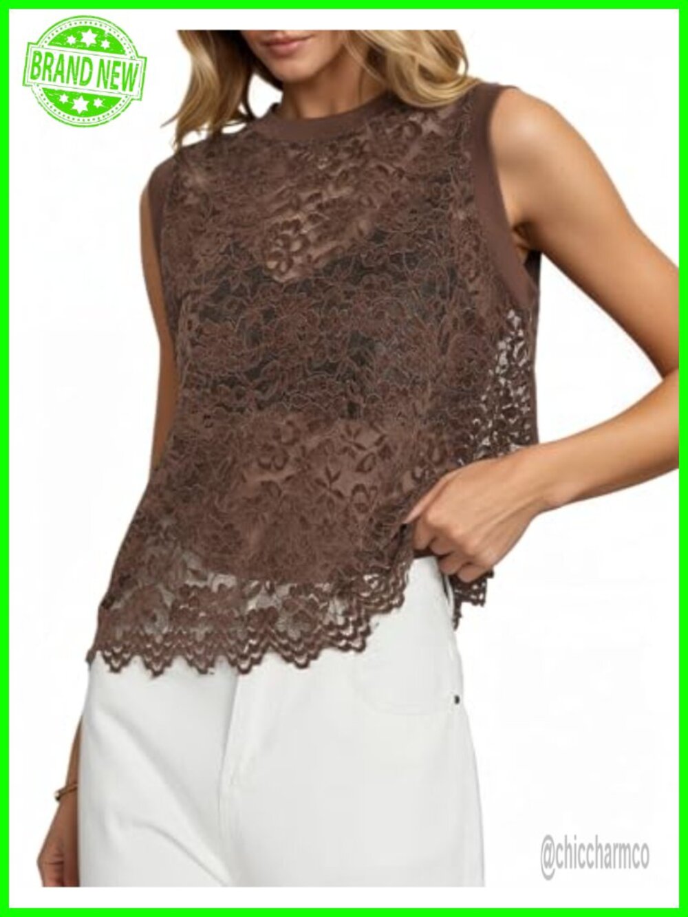 Women's Floral Lace Tank Top Sleeveless Crewneck Sheer Mesh Layering Blouse